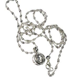Sterling Silver Twisted Diamond Cut Chain Necklace Round faceted Crystal Pendant